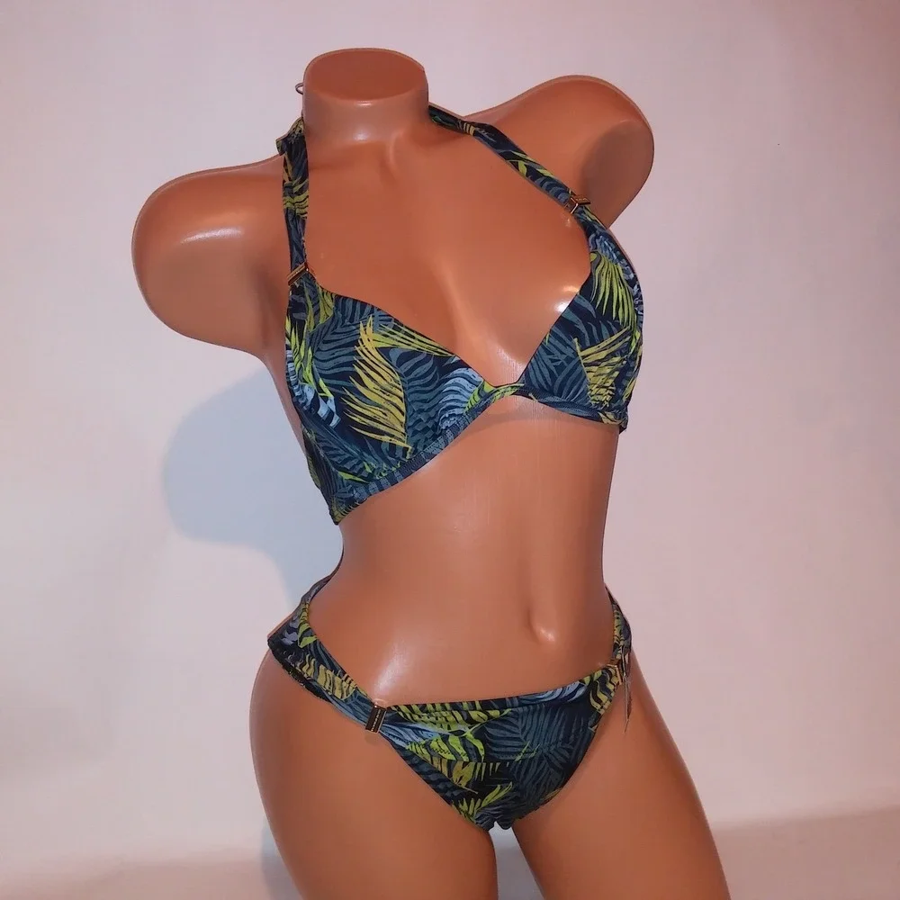 Victoria Secret Swim Bikini Medium Top & Bottom Green Black Floral Tropical New